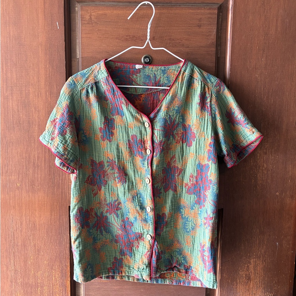 Women’s Short Sleeve Button Front Floral Top - Green Multi
